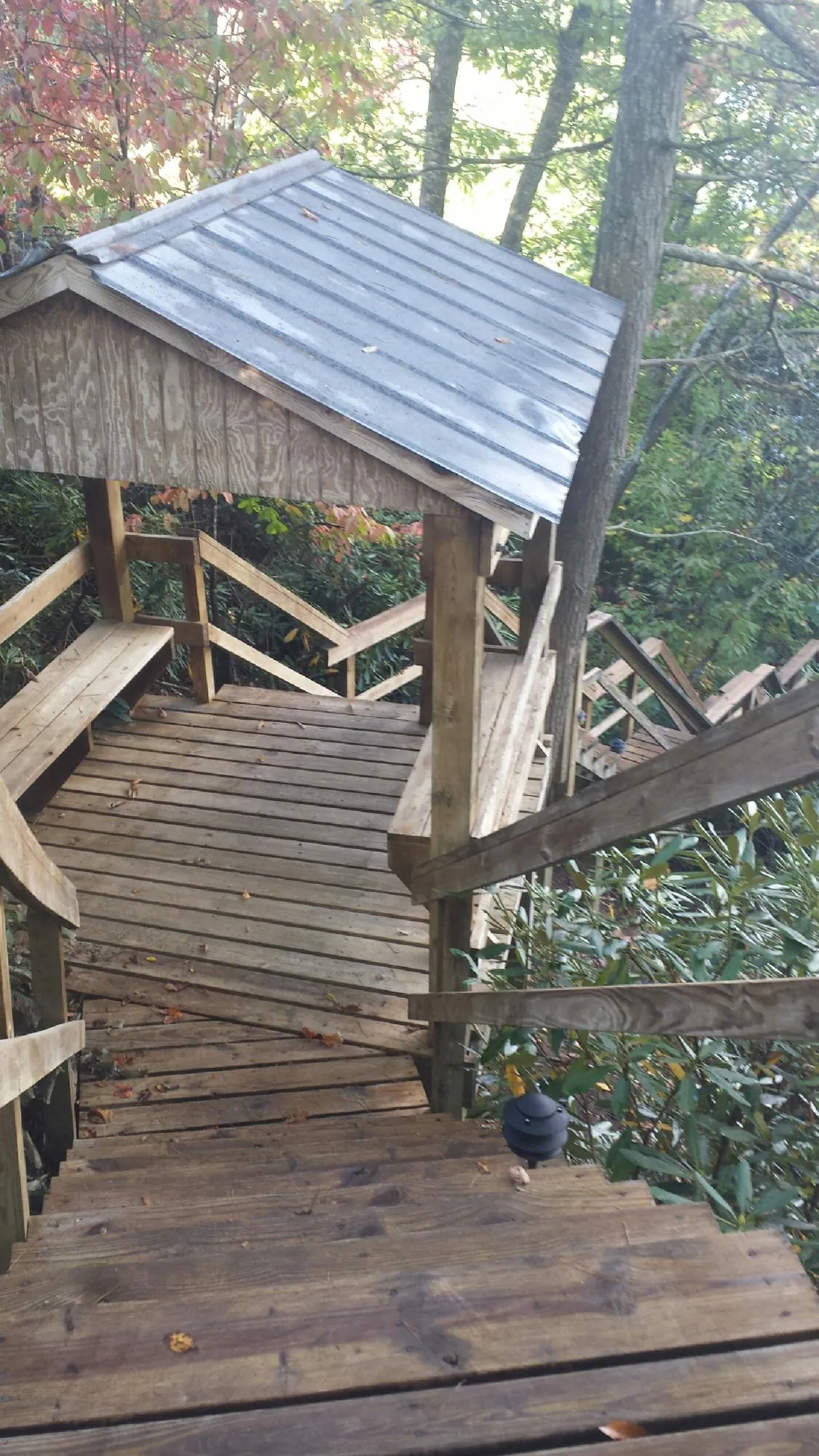Metal roofed shelter over wooden steps on a wooded walkway — Skylight Repair & Installation work by our crew in Farmland